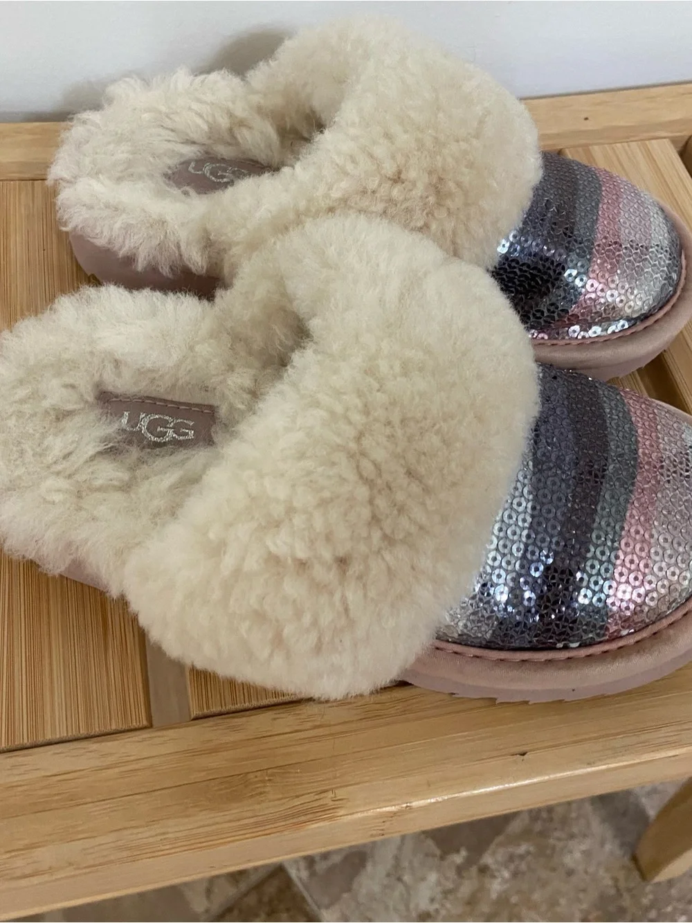 UGG Kids Sequin Shearling Clog - Cream with Rose and Silver Shine